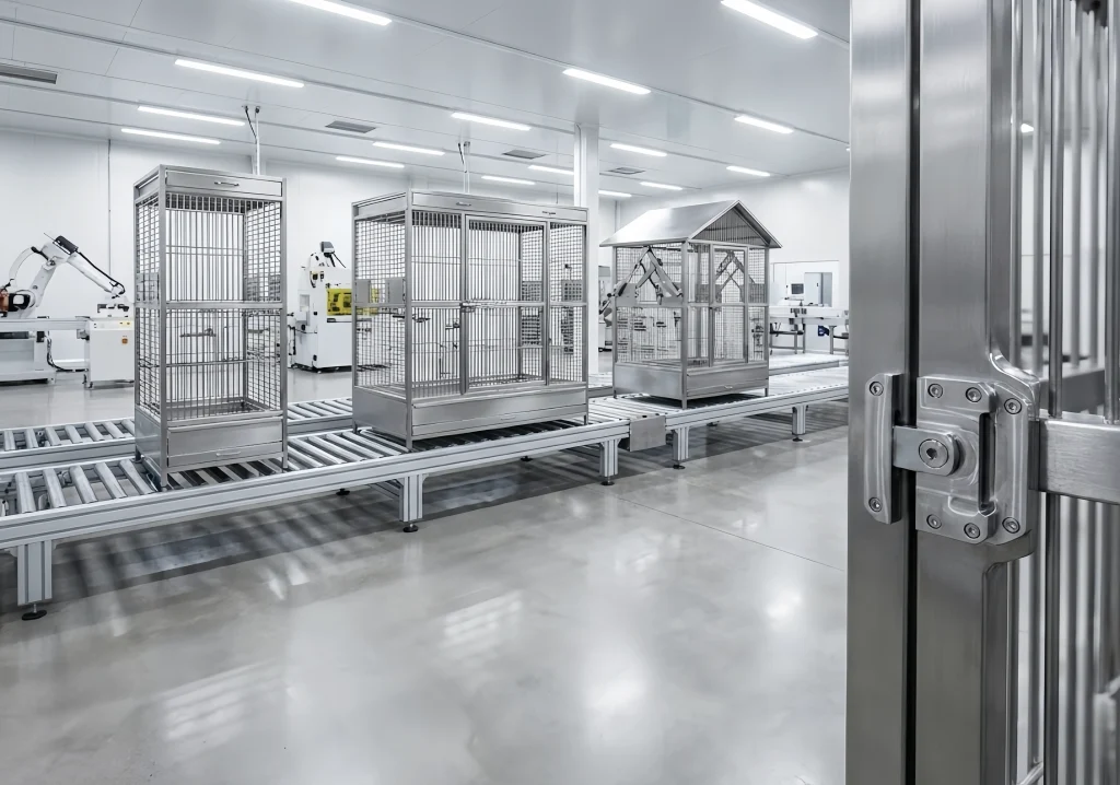 Stainless bird cages displayed on a production line in a modern facility