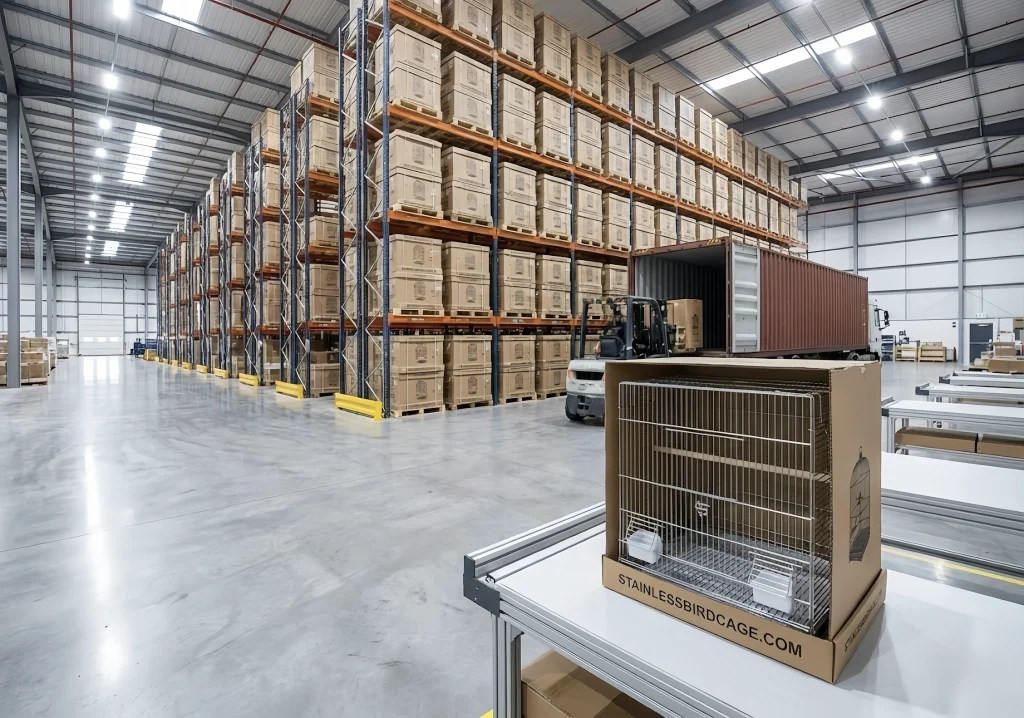 Stainless bird cage displayed in a warehouse with stacked boxes in background