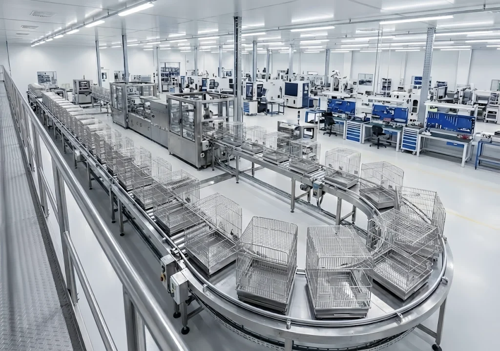 Stainless bird cage assembly line with multiple cages on conveyor system