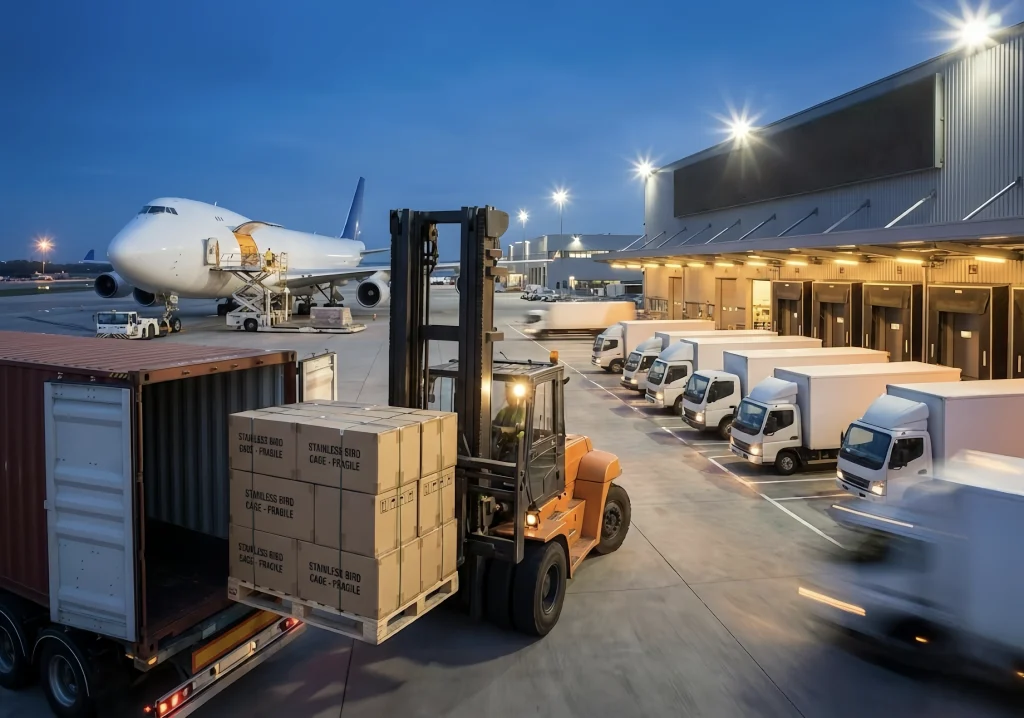 Cargo being loaded onto trucks at an airport freight terminal