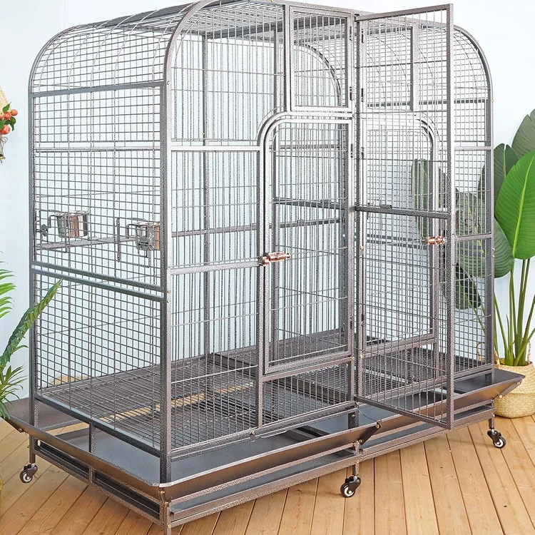 Spacious stainless bird cage with multiple access doors and feeding stations