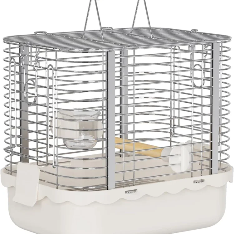 Stainless bird cage with a removable tray and water dish inside