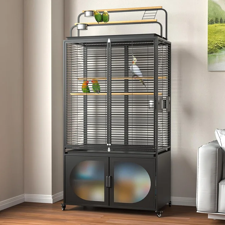 Spacious stainless bird cage with colorful parrots and a wooden perch