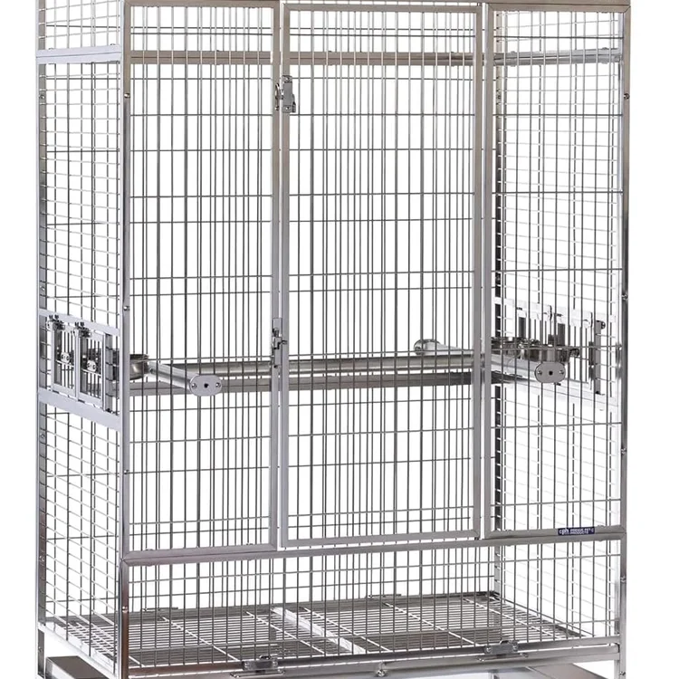 Large stainless bird cage with multiple access doors and sturdy metal construction