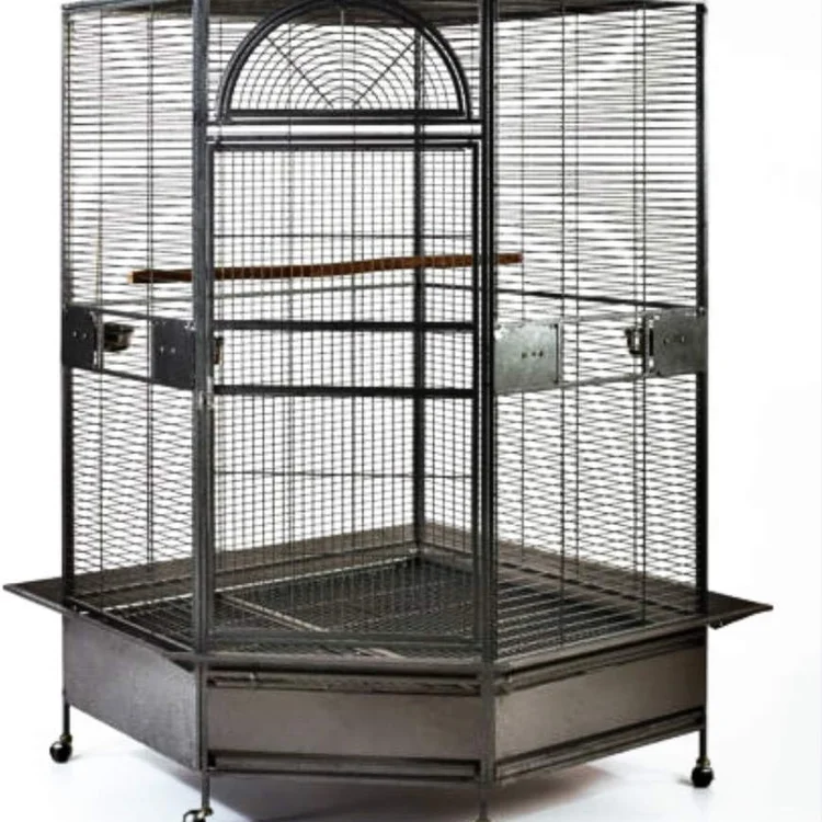Spacious stainless bird cage with multiple perches and large entrance door