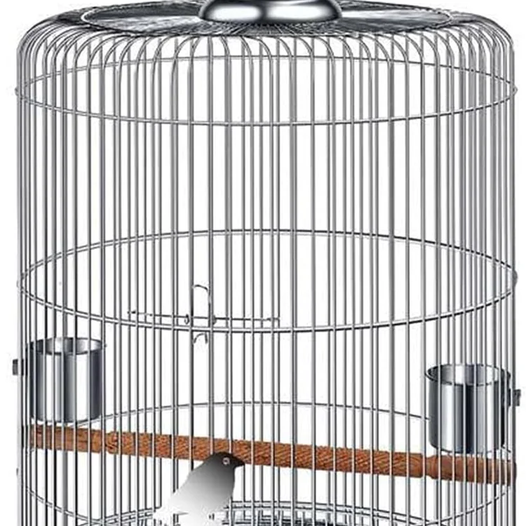 Stainless bird cage with wooden perch and feeding bowls inside