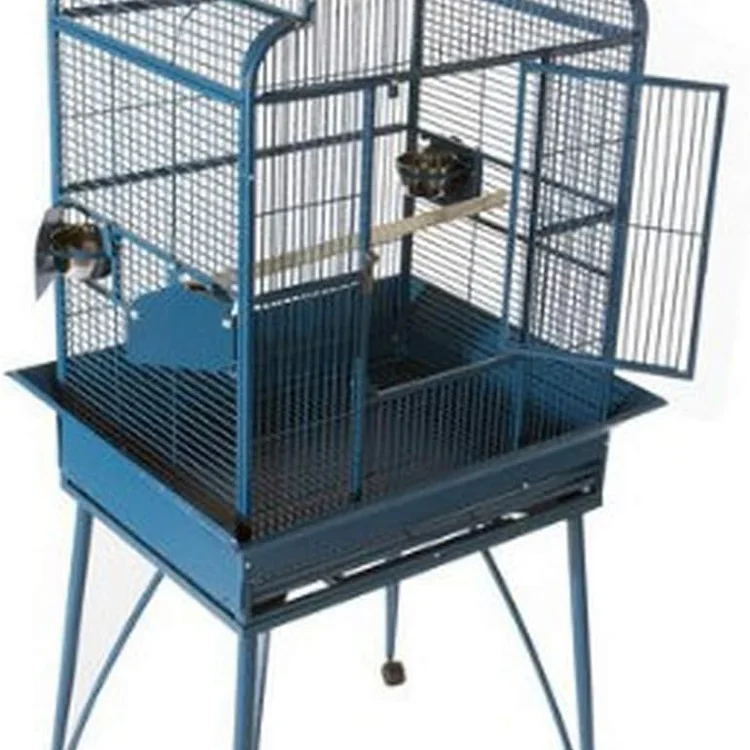 Blue stainless bird cage with open doors and wooden perches inside