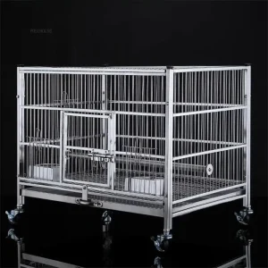 Stainless bird cage with multiple compartments on wheels for easy mobility