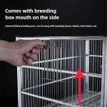 Stainless bird cage with breeding box access and adjustable features shown in use