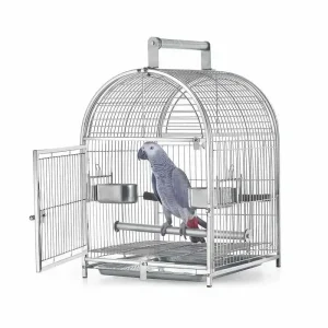 Stainless bird cage with a gray parrot perched inside, featuring feeding bowls.