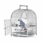 Stainless bird cage with gray parrot perched inside, featuring feeding bowls.