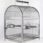 Stainless bird cage with two feeding bowls and wooden perches inside