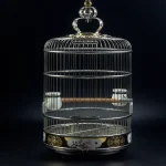 Elegant stainless bird cage with decorative accents and wooden perch