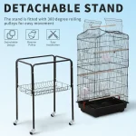 Stainless bird cage with detachable stand and 360-degree rolling pulleys for easy movement