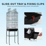 Stainless bird cage with slide-out tray and fixing clips for easy cleaning