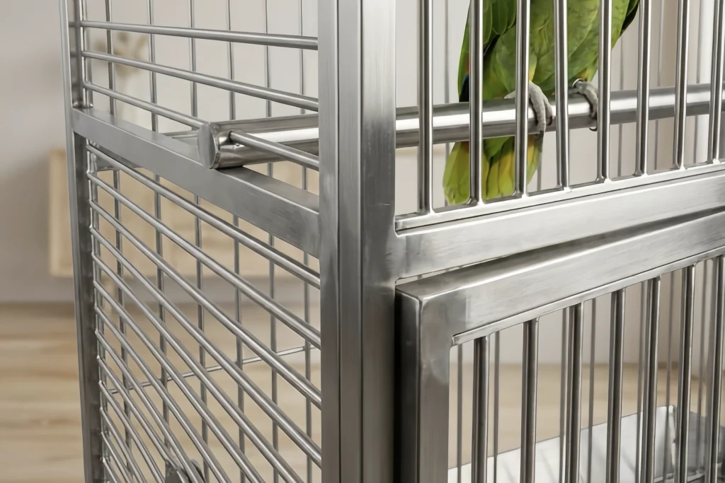 Stainless bird cage with a green parrot perched on the side bars