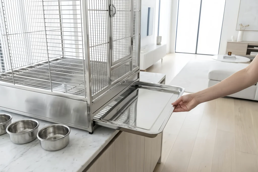 Stainless bird cage with removable tray and stainless steel food bowls nearby