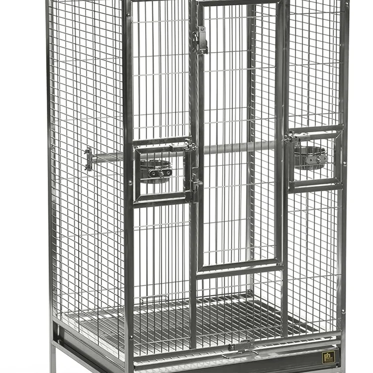 Stainless bird cage with double doors and sturdy metal construction