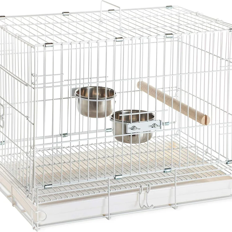 White stainless bird cage with two feeding bowls and a wooden perch